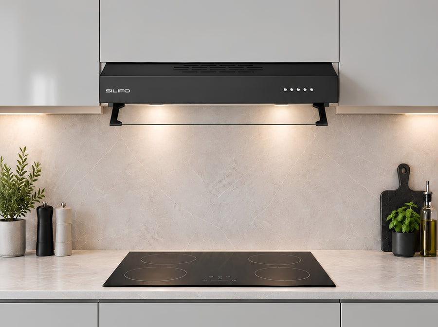Black SILIFO SF6682 cooker hood above a ceramic hob in a modern grey kitchen, front view.