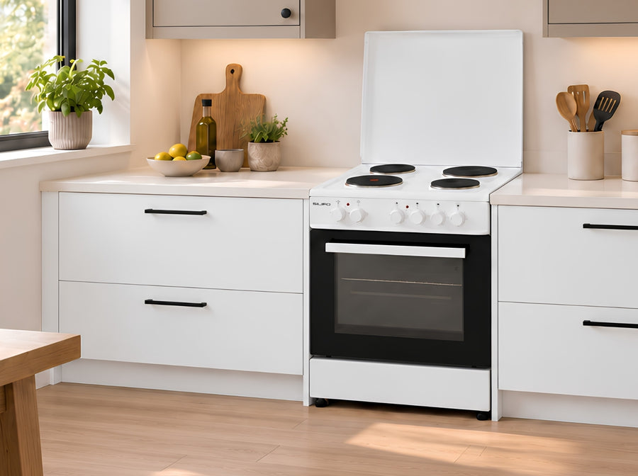 Close-up of the SILIFO SF6155CFEW white electric cooker in a kitchen