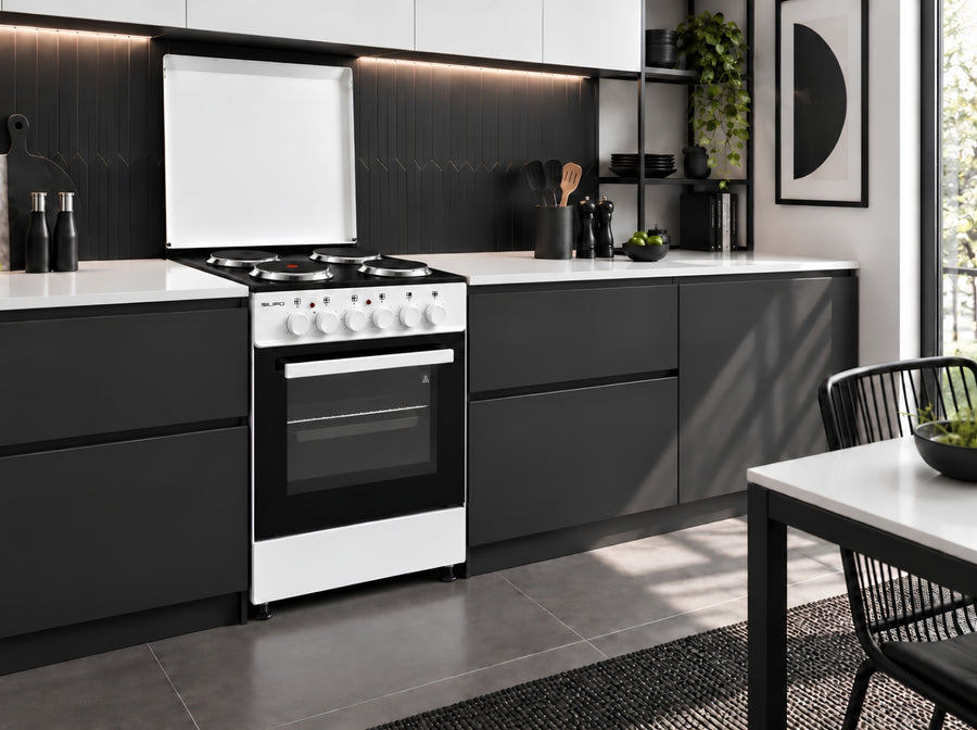 SILIFO SF6156CFEWB white electric cooker in a modern black kitchen