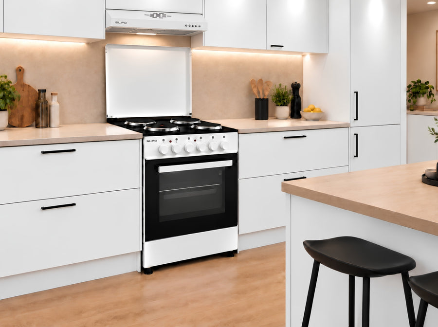 SILIFO SF6156CFEWB white electric cooker with 4 hotplates in a modern white kitchen